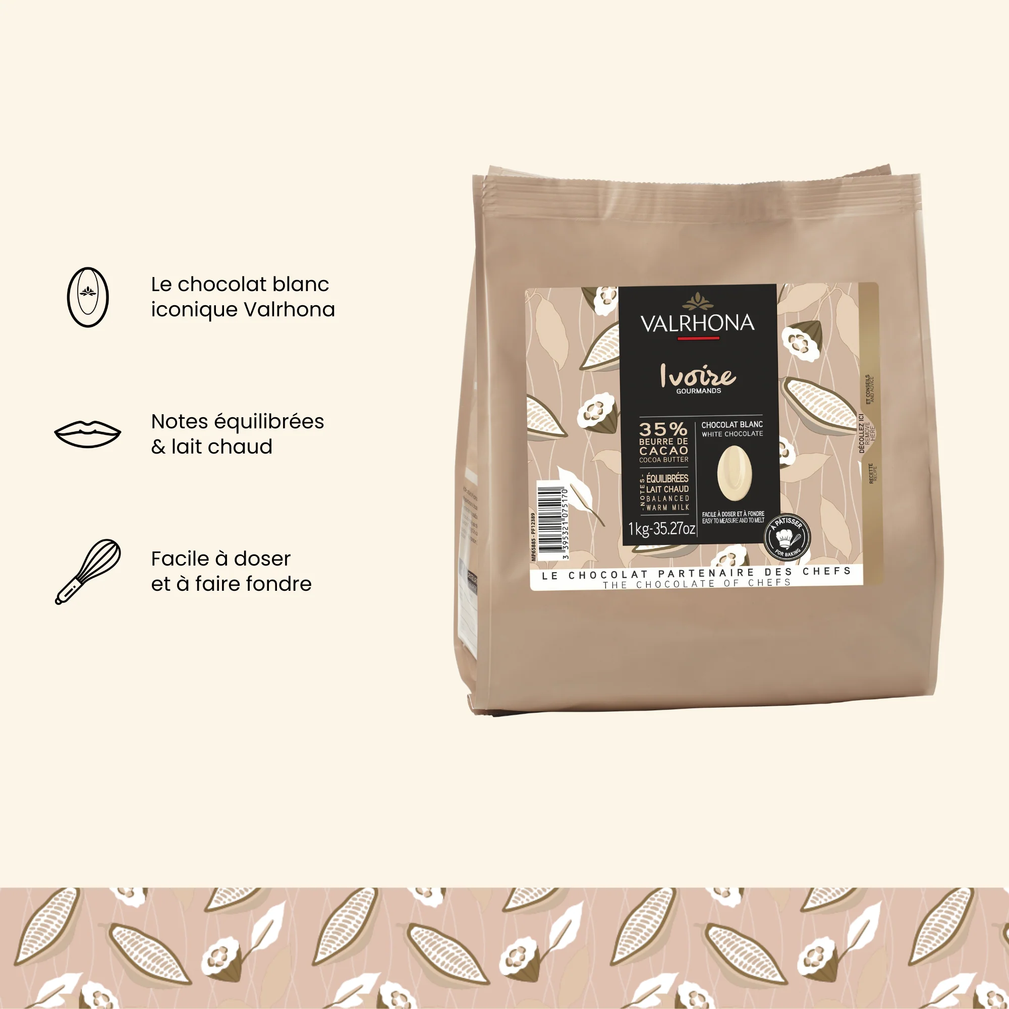 Chocolat blanc pour la pâtisserie Ivoire 35% - 1kg - Image 3