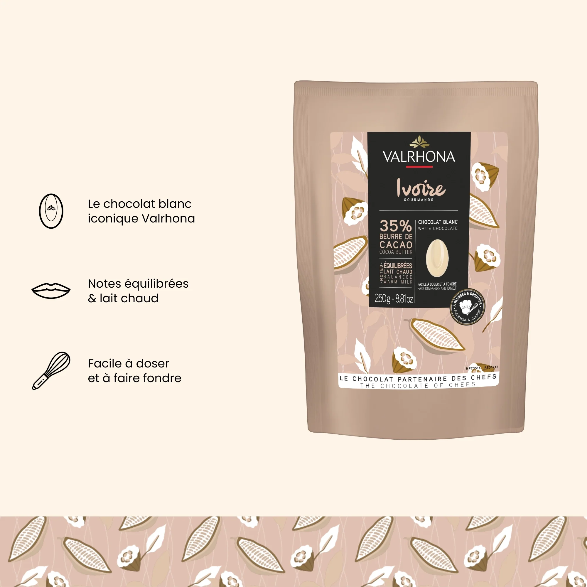 Chocolat blanc pour la pâtisserie Ivoire 35% - 250g - Image 3