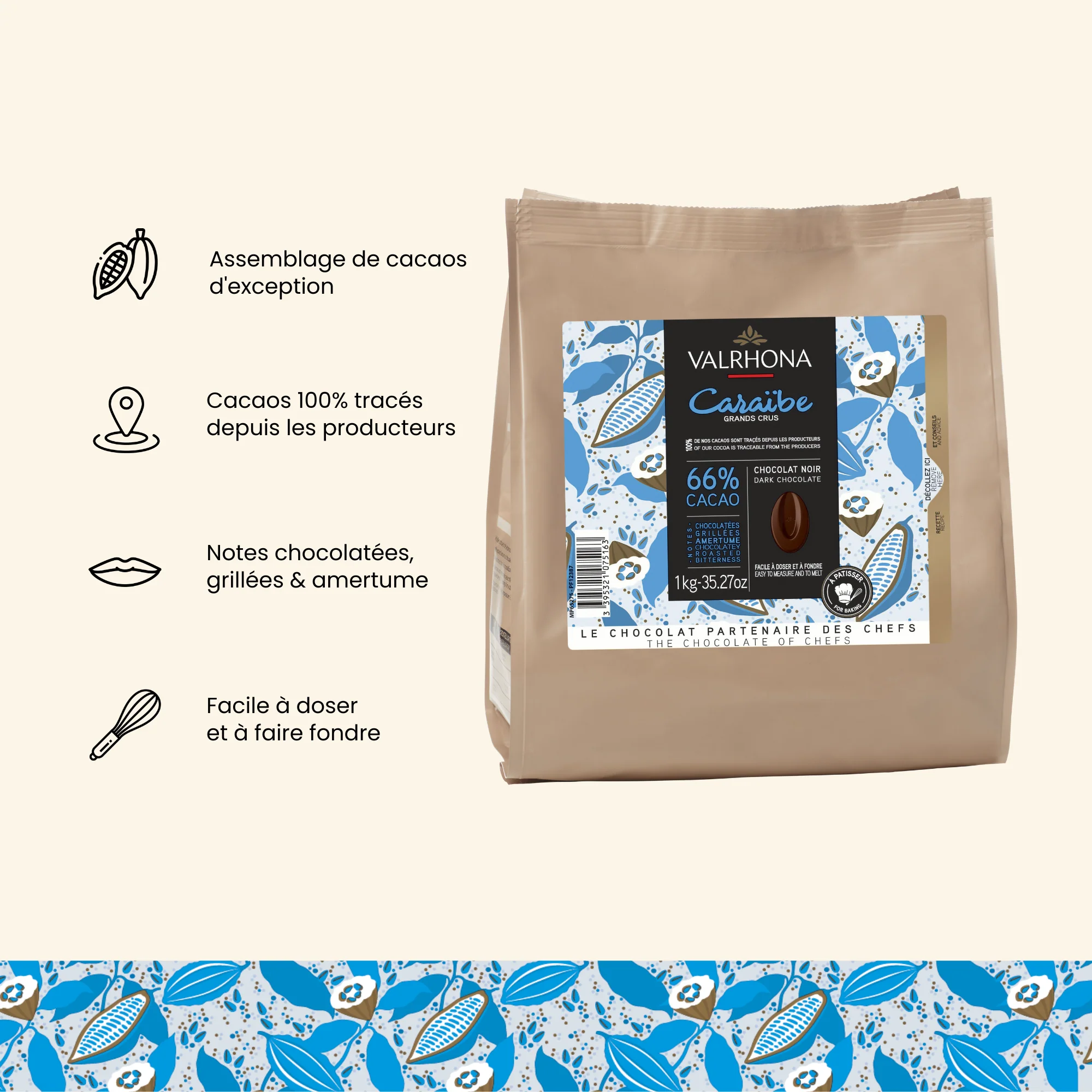 Chocolat noir pour la pâtisserie Caraïbe 66% - 1kg - Image 3