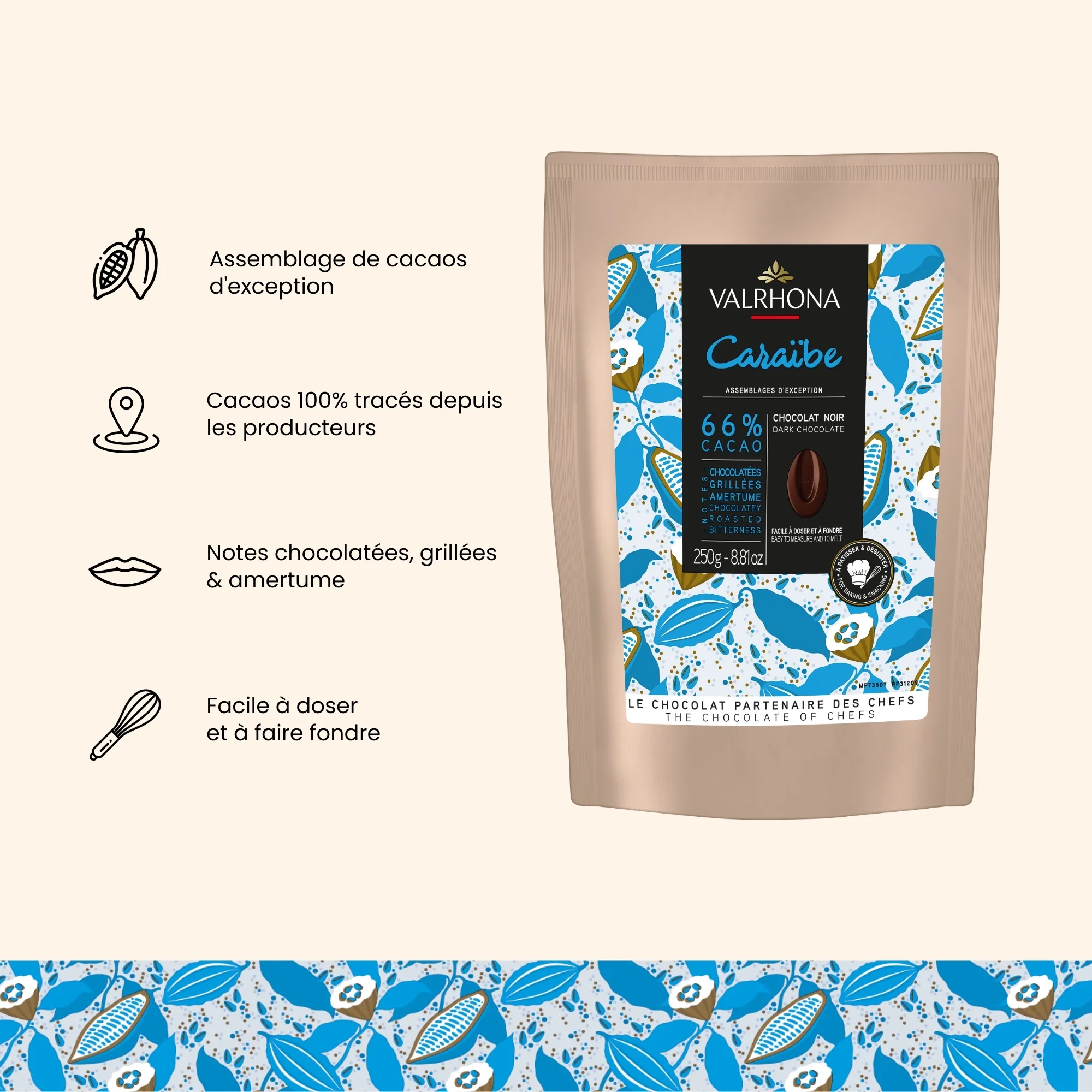 Chocolat noir pour la pâtisserie Caraïbe 66% - 250g - Image 3