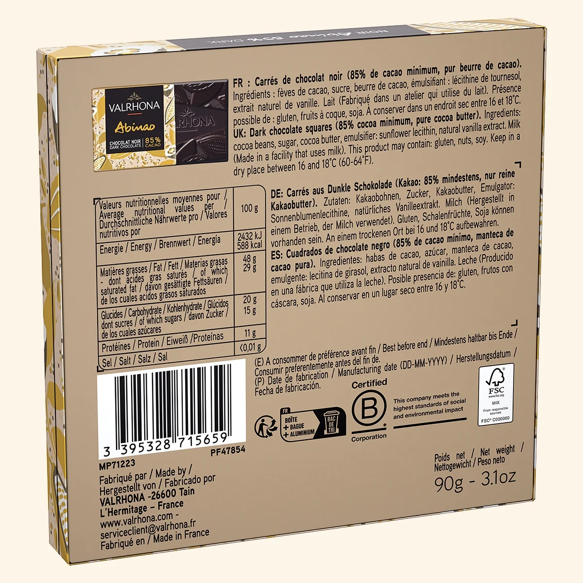 Coffret 18 carrés chocolat noir Abinao 85% - 90g - Image 6