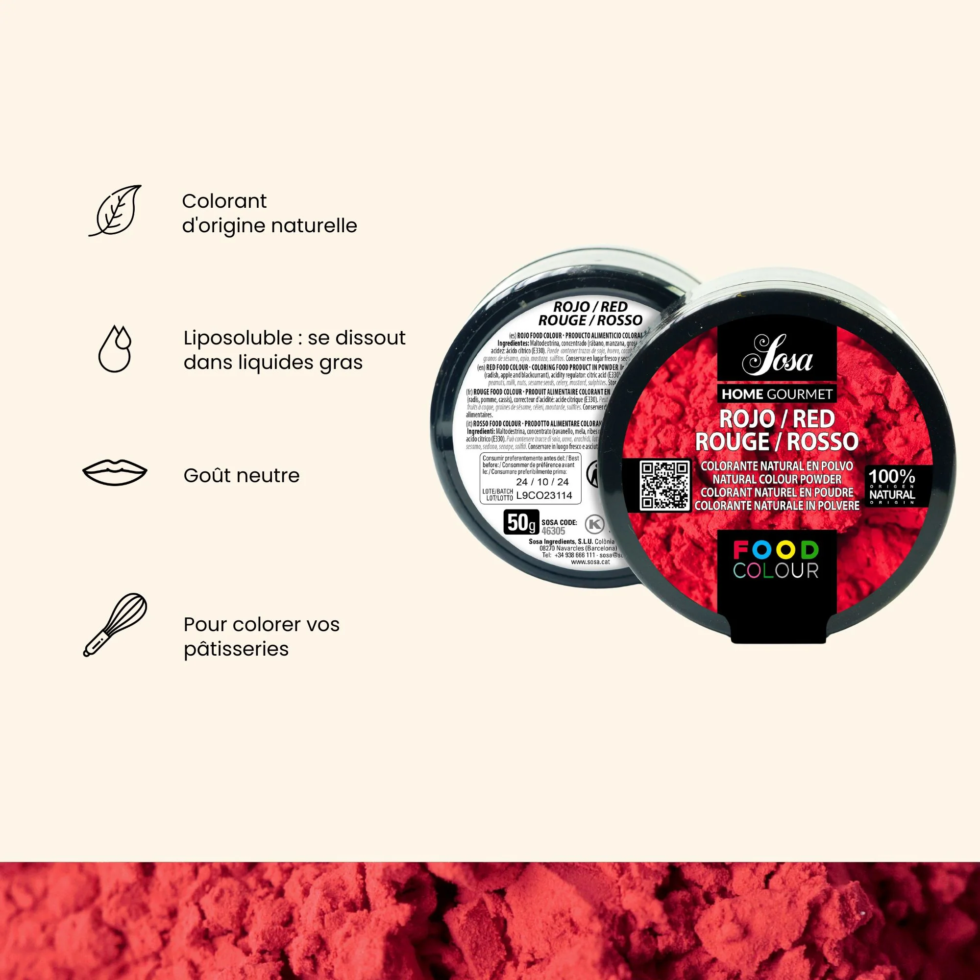 Produit alimentaire colorant rouge en poudre - 50g - Image 3